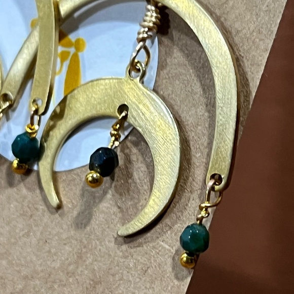 Hand Crafted Raw Brass & Moss Agate Dangle Earrings - Picture 4 of 5